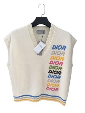🚩steal Dior Cream Cashmere-Wool Knit Vest with Blue and Yellow Trim